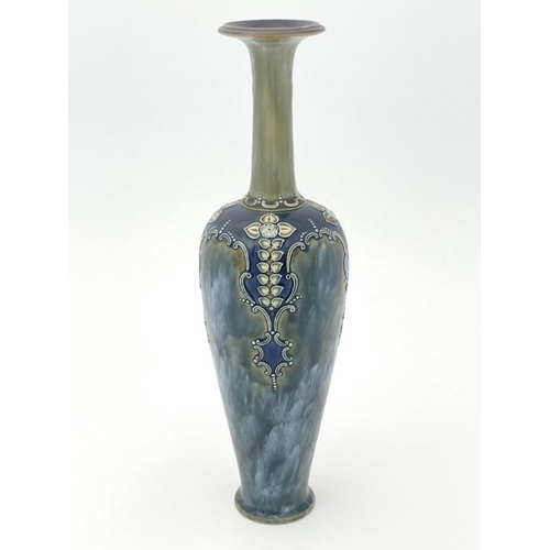 284 - Louise Wakeley for Royal Doulton, a tall stoneware vase, shouldered form with elongated neck, relief... 