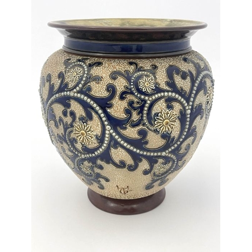 285 - George Tinworth for Royal Doulton, a stoneware jardiniere, circa 1904, shouldered ovoid and footed f... 