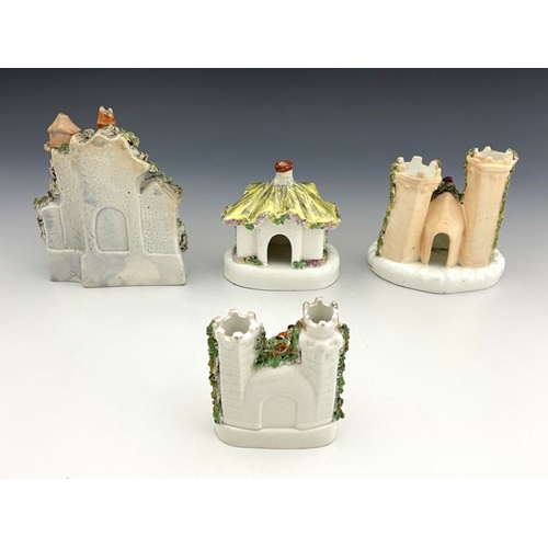 459 - Four 19th century pastille burners/flatback buildings, to include a flatback Gothic manor house with... 