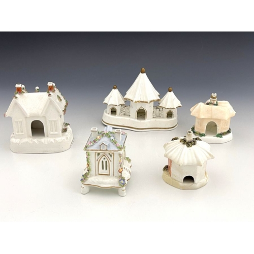 460 - Five 19th Century pastille burners, to include a triple group of Regency Gothic villas, possibly Roc... 