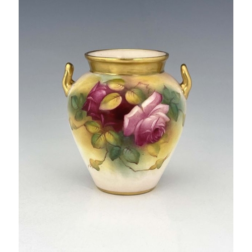 469 - M Hunt for Royal Worcester, a rose painted vase, 1936, shouldered twin handled form, signed, togethe... 