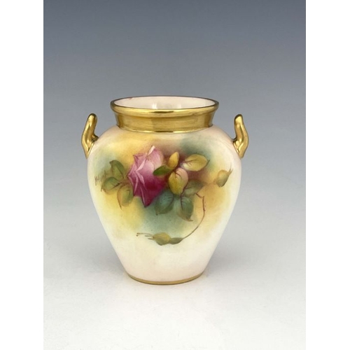 469 - M Hunt for Royal Worcester, a rose painted vase, 1936, shouldered twin handled form, signed, togethe... 