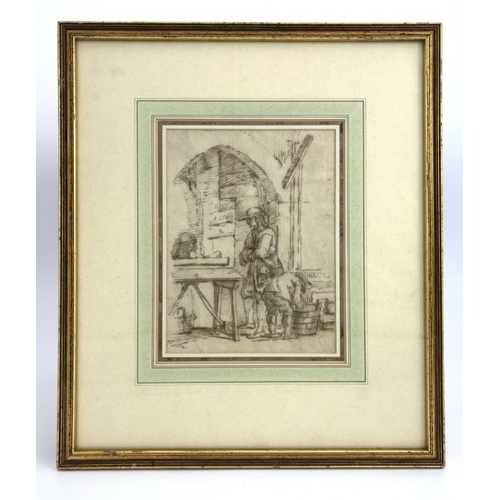 660 - Dutch School, 18th Century, The Interior of a Cobblers with Two Men, titled verso, brown ink on pape... 