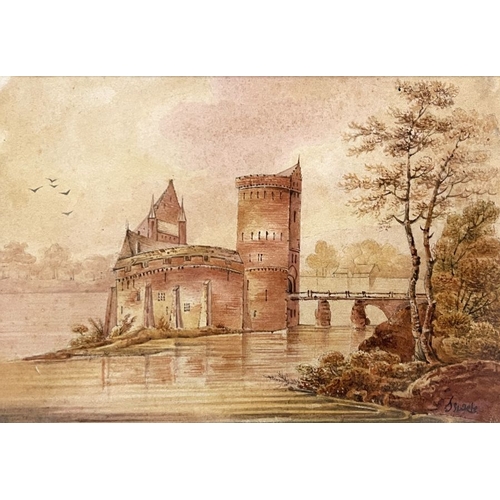 669 - S.. Parrott (British, 19th Century), a lake scene with a castle ruin, signed l.l. watercolour, 20 by... 