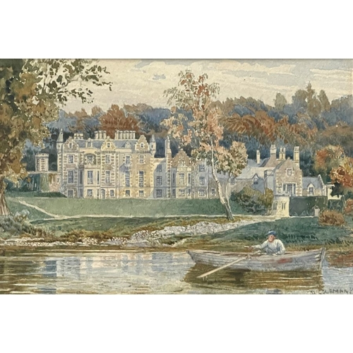 669 - S.. Parrott (British, 19th Century), a lake scene with a castle ruin, signed l.l. watercolour, 20 by... 