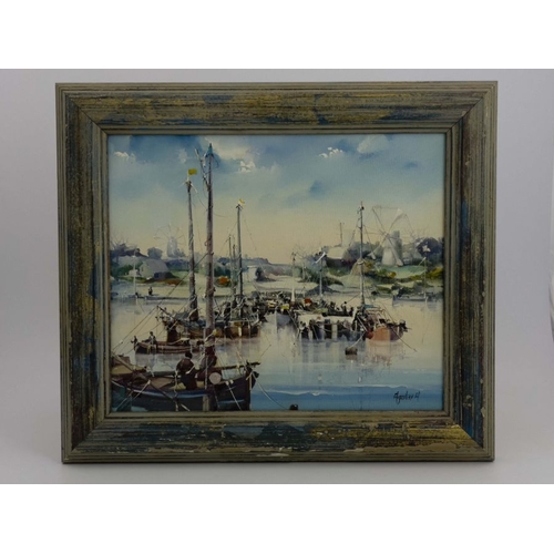 670 - Jorge Aguilar-Agon (Spanish, 1936), Dutch fishing harbour, signed l.r., oil on canvas, 37 by 45cm, f... 