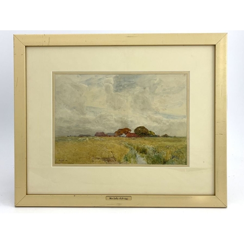 681 - Max Ludby (British, 1858-1943), a pastoral landscape with a field of sheep and farm in the distance,... 