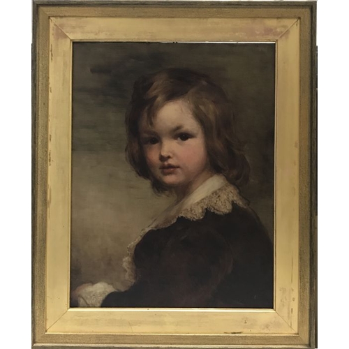 732 - British School, 19th Century, portrait of a young boy, bust length in a brown tunic with lace collar... 