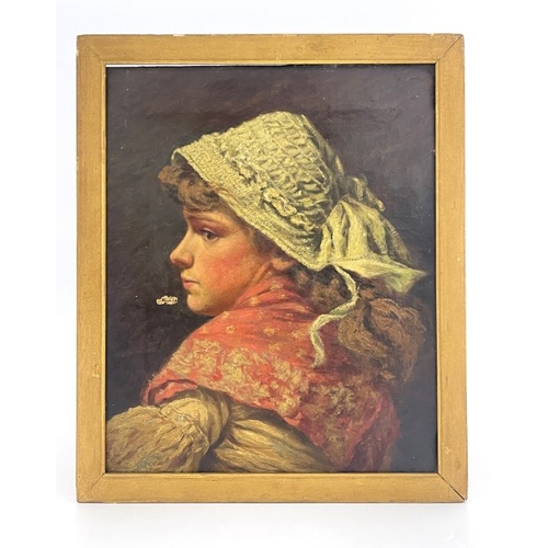 733 - British School, circa 1880, portrait of a young lady, bust length in profile, wearing a bonnet and p... 