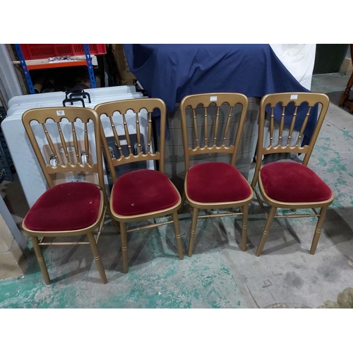 806 - A set of four vintage style wedding marquee or banquet chairs, gold painted with red velvet seats (4... 