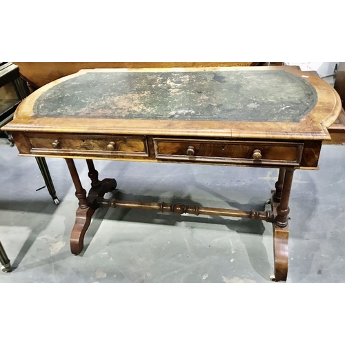 809 - A 19th century walnut D end writing desk, tooled leather top, above two frieze drawers on turned bal... 