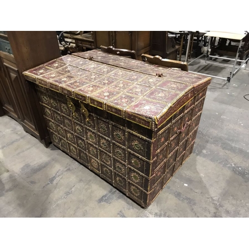 846 - An Indian Marriage chest, circa 1900, with lattice work metal banding reserving painted panels of fl... 