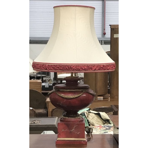 862 - A faux marble lamp base, urn form with laurel swags on circular foot and stepped plinth base, and a ... 