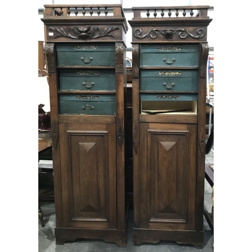 866 - A pair of oak sentry style lockable filing cabinets, turned urn gallery, above shelved box files a... 