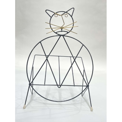 904 - Richard Galef for Ravenware,  a cat magazine rack, circa 1950s, black lacquered wire and brass facia... 