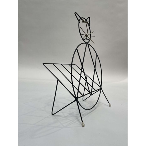 904 - Richard Galef for Ravenware,  a cat magazine rack, circa 1950s, black lacquered wire and brass facia... 