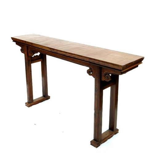 906 - A Chinese bamboo topped hardwood altar table, moulded top, fretwork scroll frieze, mortise and tenon... 