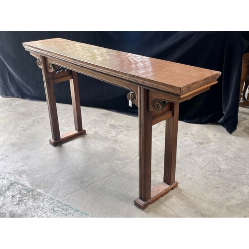 906 - A Chinese bamboo topped hardwood altar table, moulded top, fretwork scroll frieze, mortise and tenon... 