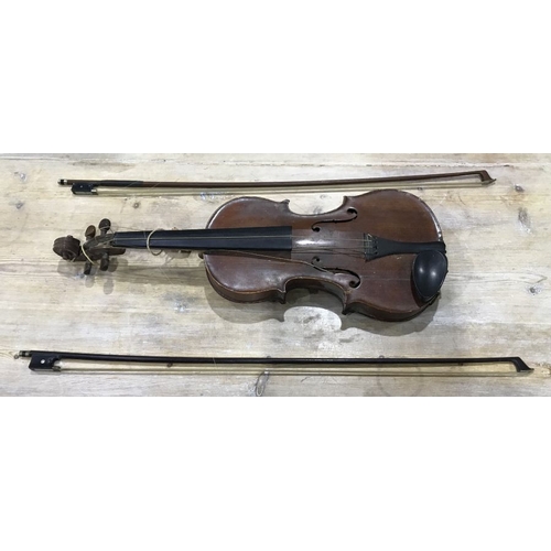 907 - A 19th century violin, two piece back and ebonised fingerboard and chin rest, 60cm long, together wi... 