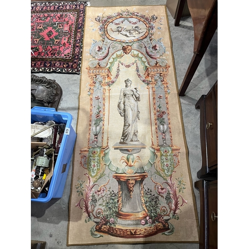 853 - Two machined tapestry wall hangings, approx 180cm by 70cm, together with a cast metal twin handled l... 