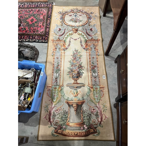 853 - Two machined tapestry wall hangings, approx 180cm by 70cm, together with a cast metal twin handled l... 