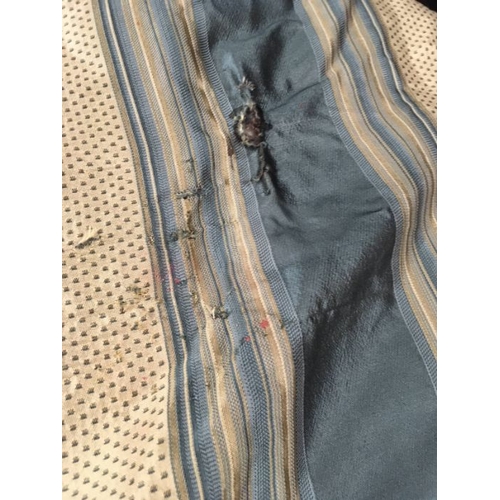 121 - A pair of professionally made single Taffetta/silk lined full length curtains with teal and gold dia... 