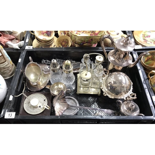 13 - Silver plated ware, including brandy warmer, cruet, caviar dish, coffee pot, various flatware etc