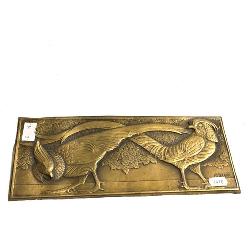 171 - F R Thenot, a stamped metal plaque of two pheasants, together with an Art Nouveau style Hanappier ad... 