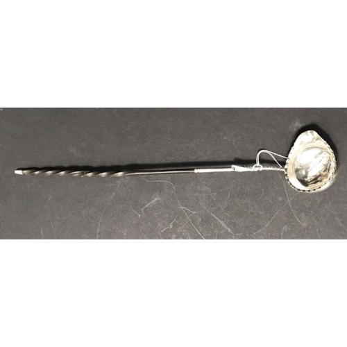 207 - A George III silver mounted toddy ladle, London 1771, shaped spout, with twisted whale bone handle, ... 