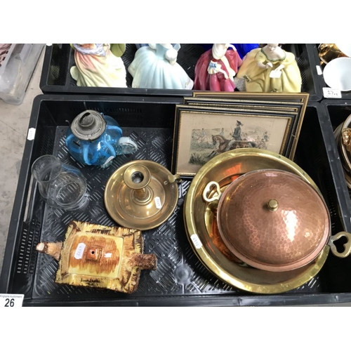 26 - Miscellaneous items, including pair of brass dishes, Cashes woven silk picture, Mr Bunting prints, c... 