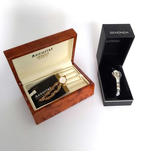 265 - Accurist, a 9ct gold ladies wristwatch, on 9ct gold bracelet, together with a Sekonda stainless stee... 