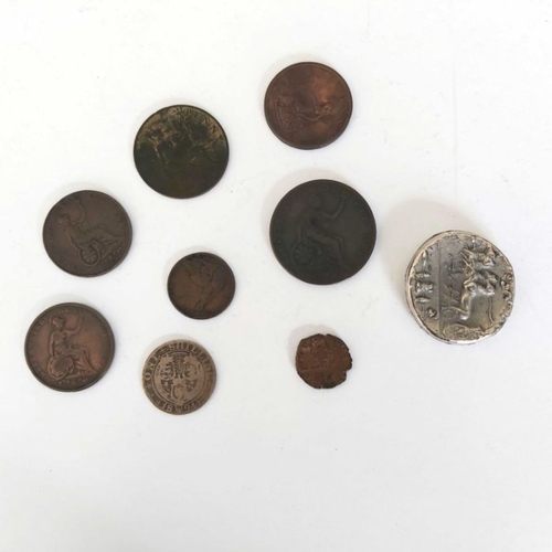 276 - British and ancient coins, George III 1/2 penny 1807, George IV 1/2 penny 1826, farthing 1826, Willi... 