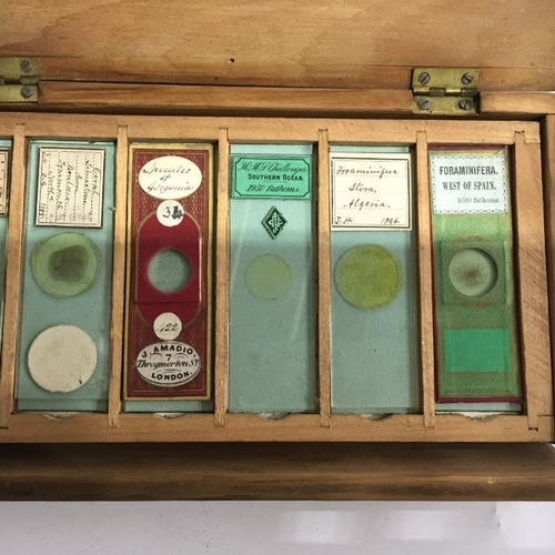 335 - A wooden box of laboratory glass specimen slides, labels written and printed to include those by Smi... 