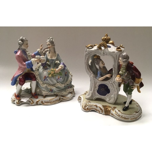 360 - A Capodimonte figure group modelled as a sedan chair with seated lady and companion, on moulded base... 