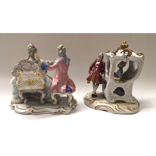 360 - A Capodimonte figure group modelled as a sedan chair with seated lady and companion, on moulded base... 