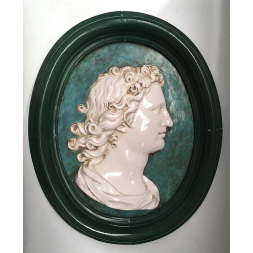 366 - A pair of ceramic portrait plaques in the classical style, oval form,  turquoise ground and painted ... 