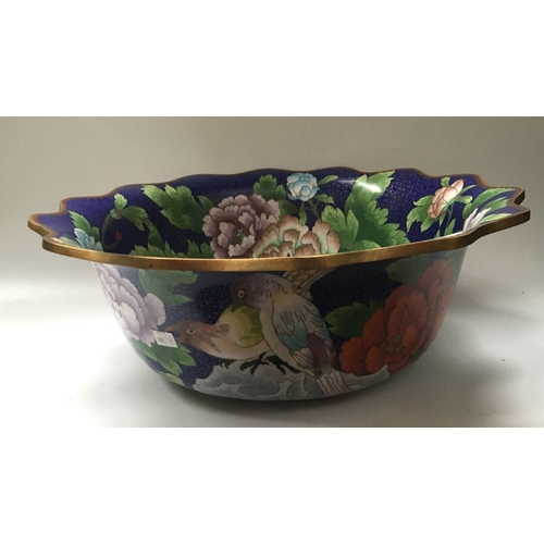 367 - A large Chinese cloisonne bowl, circular form  decorated with songbirds amongst flowering peony bran... 