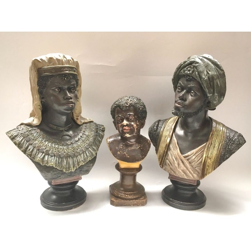 420 - A pair of Goldscheider style terracotta busts, African man and companion on circular moulded socle b... 