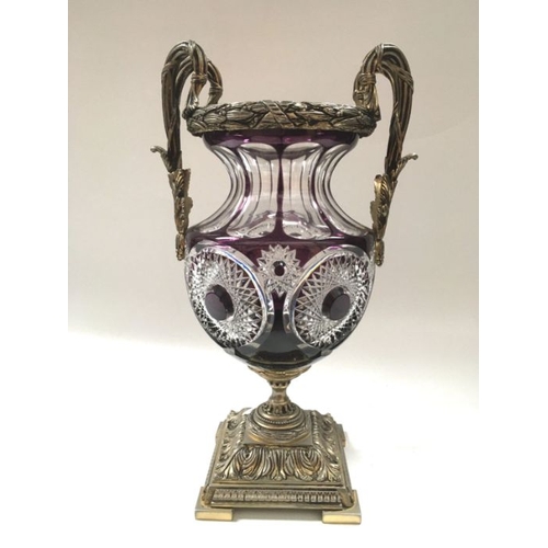 425 - Martin Benito, A Star Royal Urn vase, metal mounted flash cut amethyst glass, baluster form on squar... 