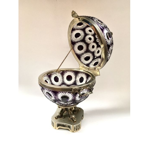 426 - Martin Benito, a glass metal mounted globe form cellarette, flashed cut amethyst glass with cut rose... 