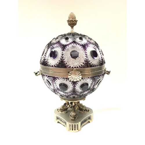 426 - Martin Benito, a glass metal mounted globe form cellarette, flashed cut amethyst glass with cut rose... 