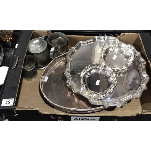 45 - Silver plate and pewter, including Asprey plated salver, galleried tray and a pair of globed dishes,... 