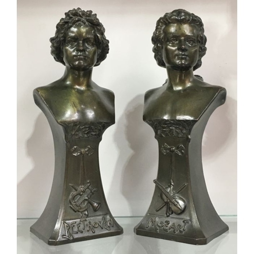 465 - A pair of Art Nouveau patinated art metal figural busts, of Beethoven and Mozart, modelled in the Ne... 