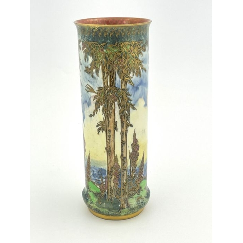 475 - A Royal Worcester Crown Ware lustre vase, circa 1925, cylindrical form, decorated with a castle in l... 