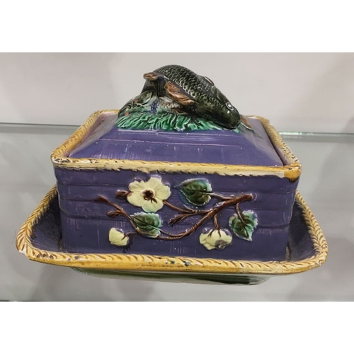 481 - A majolica sardine box and cover JR L marks