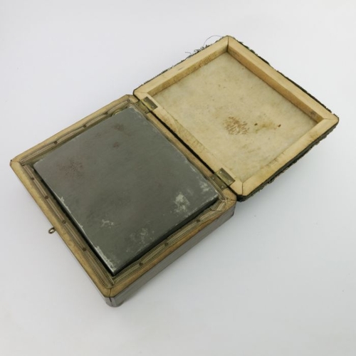 485 - A Regency tin foot warmer, circa 1820, contained in an insulated hinged wooden case with a chinoiser... 