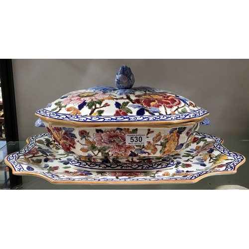 530 - A Gien faience tureen and stand, painted with peony design, 46cm long