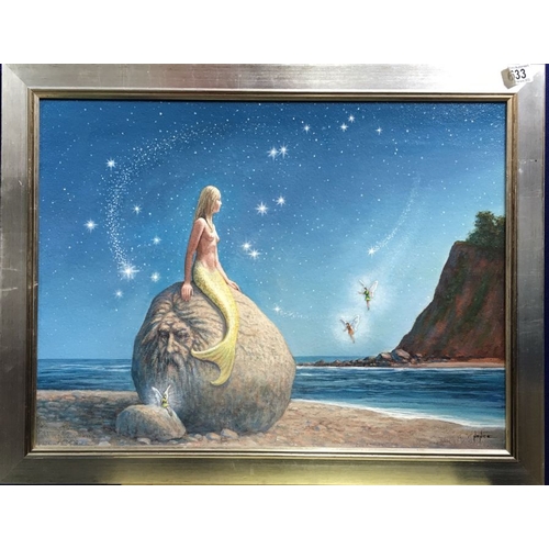 633 - Mike Nance (British, 20th Century), Mermaid on a boulder, signed l.r., oil on board, 45 by 60cm, fra... 