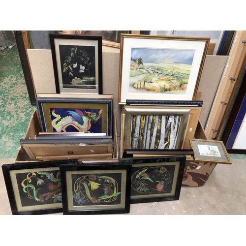 640 - Two boxes of assorted furnishing pictures, including a work by Alan Tyers, watercolours, prints etc