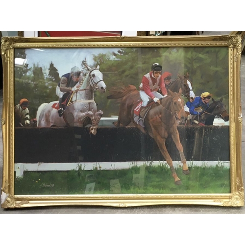 650 - J..Hubbard (British, 20th Century), Over the jumps, horse racing scene,  gouache?, signed and dated ... 